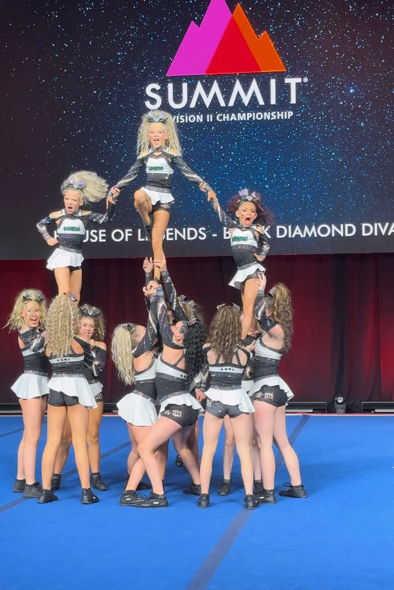 team of cheerleaders performing at the division two summit championships