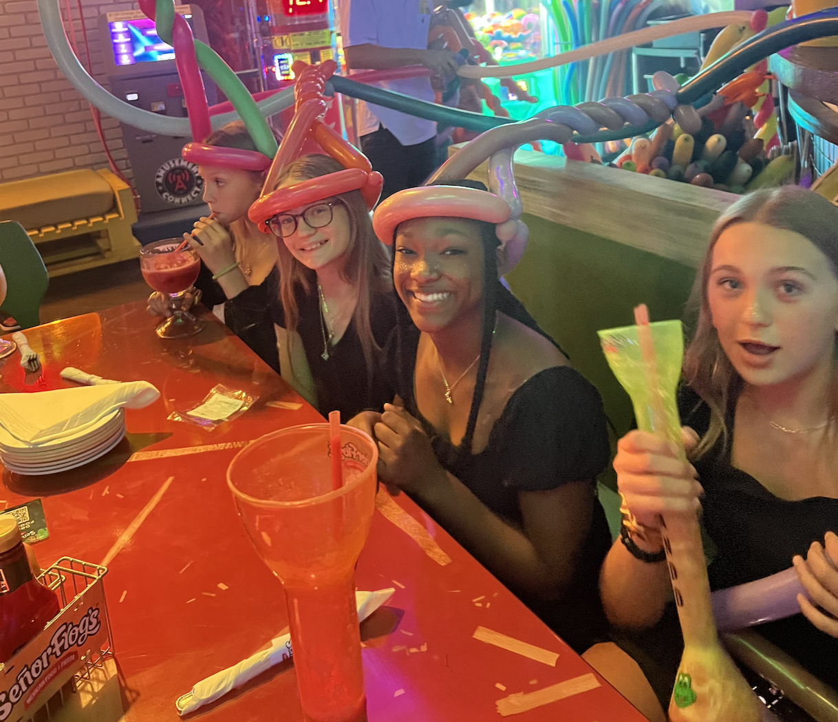 cheerleaders bonding at dinner